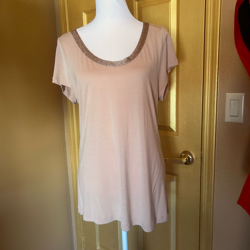 Juicy Coutour Women's Tan Short-Sleeve Scoop Neck Top with Metallic Trim